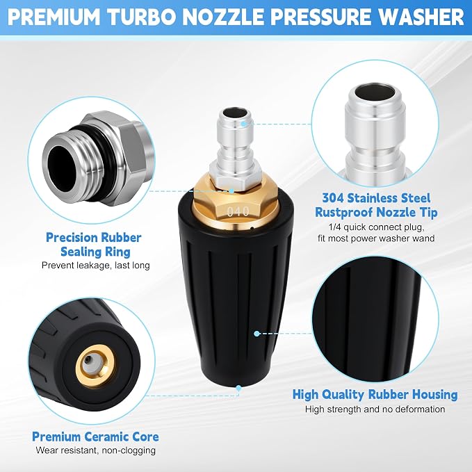 Yupjlia Turbo Nozzle Pressure Washer Tips, 4000 PSI Max, 360° Rotating | Upgrade Pressure Washer Nozzle, 1/4 Quick Connect, Cleaning Patio Driveway Brick Concrete Vinyl Surface, 4.0 GPM 4.0 Orifice