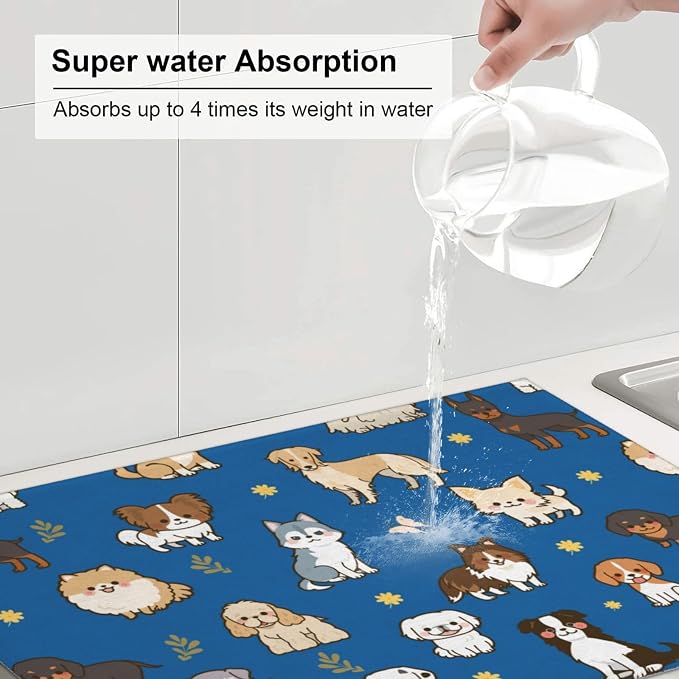 Cute Puppy Dog Dish Drying Mat 18 x 24 Inch for Kitchen Counter Cute Kitchen Mat Microfiber Kitchen Countertop Absorbent Reversible Drainer Rack Pad Dish Drying Mat