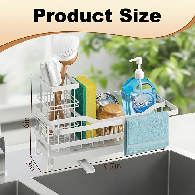 Sponge Holder for Kitchen Sink, Self-draining Sink Organizer with Towel Rack and Brush Holder, Metal Kitchen Sink Organizer for Countertop, White