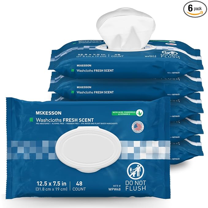 McKesson Washcloth Wipes, Scented, Adult Wet Wipes, 6 Pack, 288 Washcloths | Washcloths Disposable Wash Cloths for Body, Disposable Wet Wipes for Adults, Alcohol-Free, No-Rinse Formula