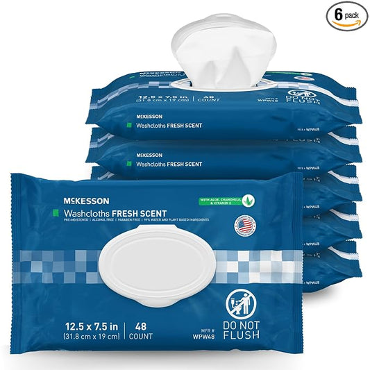 McKesson Washcloth Wipes, Scented, Adult Wet Wipes, 6 Pack, 288 Washcloths | Washcloths Disposable Wash Cloths for Body, Disposable Wet Wipes for Adults, Alcohol-Free, No-Rinse Formula