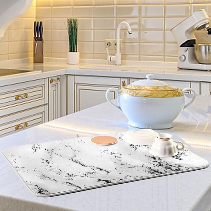Super Absorbent Dish Drying Mat, Microfiber Fast-Drying Dish Mat, 16" x 18", Kitchen Dish Drying Pad, White Marble