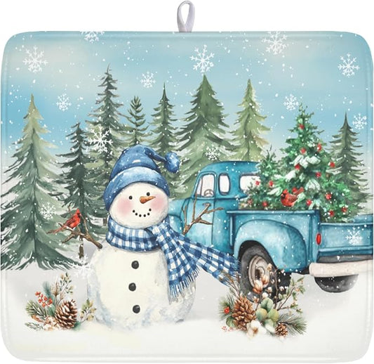 Giwawa Winter Snowman Blue Dish Drying Mat Xmas Truck Dishes Pad 16"x18" Microfiber Absorbent Drainer Rack Mats Protector for Kitchen Counter Sink