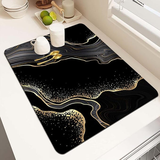 MCALK Marble Black Dish Drying Mat for Kitchen Counter, Marble Texture Dish Drying Pad with Anti-Slip Rubber Base, Absorbent Kitchen Sink Mat with Modern Art Decor (1 pc 18" x 16")