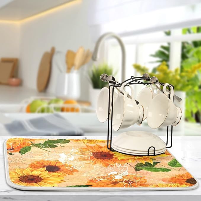 Super Absorbent Dish Drying Mat, Microfiber Fast-Drying Dish Mat, 24" x 18", Kitchen Dish Drying Pad, Watercolor Sunflowers