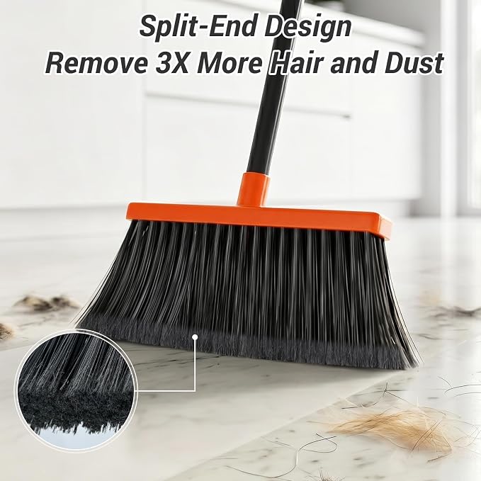 Broom with Dustpan Combo Set, Long Handle Upright Standing Self-Cleaning Broom and Dustpan Set for Pet Hair & Dust Cleanup, Indoor Outdoor Use for Home, Kitchen, Office, Orange & Gray