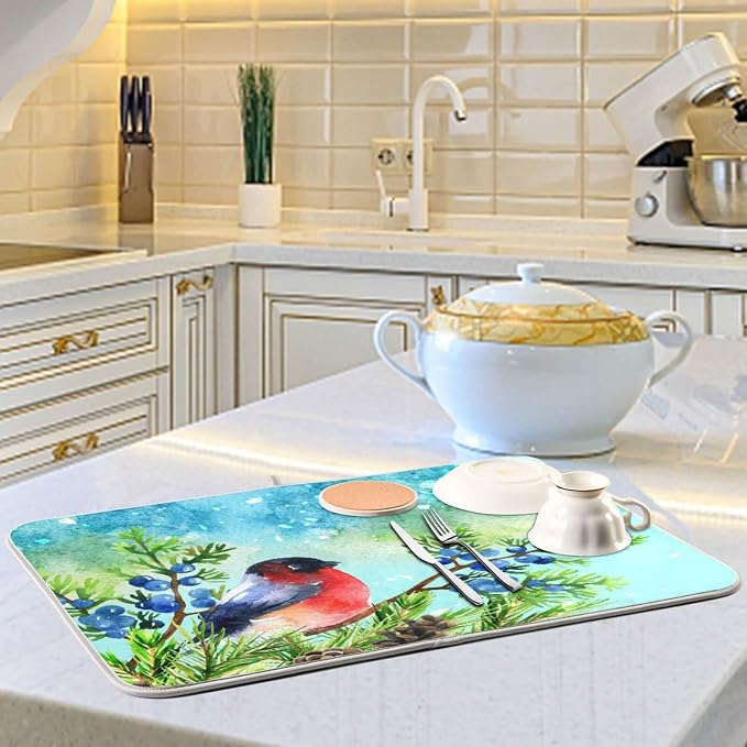Absorbent Dish Drying Mat for Kitchen Counter - Winter Snow Blue Bird Microfiber Drying Pad, Reversible Drainer Mats for Countertop, Large 18" x 24"