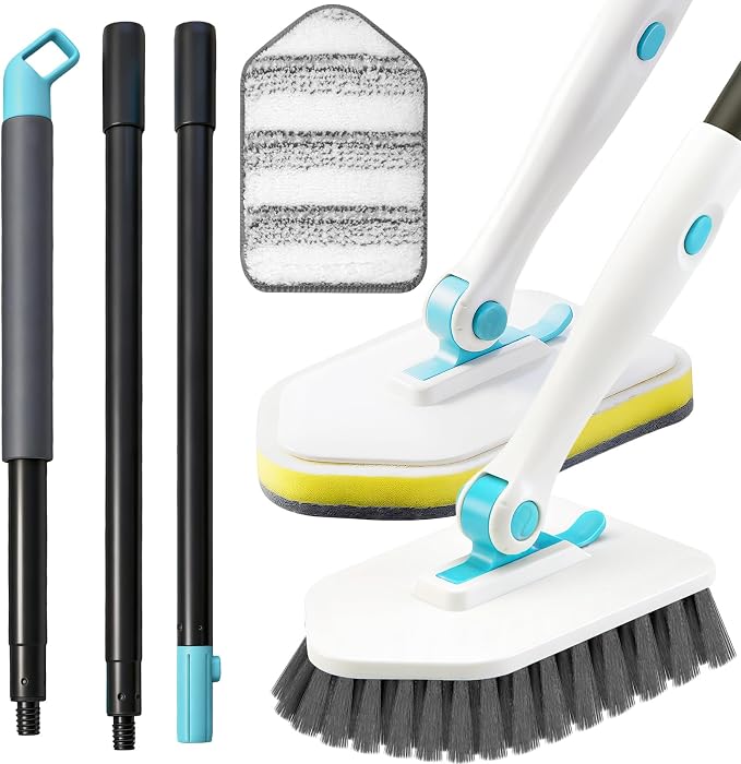 Long Handled Scrub Brush for Shower,3-in-1 Cleaning Brushes with 3 Different Function Cleaning Heads Brush for Shower Cleaning Bathroom Kitchen Walls Tub Tile (White)