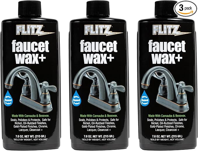 Flitz Faucet Wax Plus - 7.6oz Bottle of USA-Made, Water-Based Faucet Cleaner & Polisher for Water Stains, Fingerprints, & More - Metal Wax for Bronze, Nickel, Chrome, Brass - Granite Polish (3 Pack)