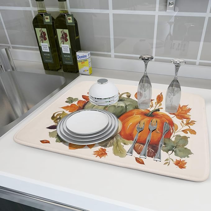 Giwawa Fall Pumpkin Dish Drying Mat Autumn Leaves Absorbent Dishes Pad 18x24 Inch Seasonal Microfiber Dish Drainer Rack Mat for Kitchen Countertop