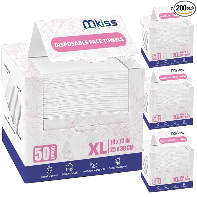 Large Disposable Face Towels 200 Count, 10"×12" Ultra Thick Premium Biodegradable Facial Towels, Makeup Remover Dry Wipes, Soft Face Towelettes for Sensitive Skin, Skincare and Women Cleaning
