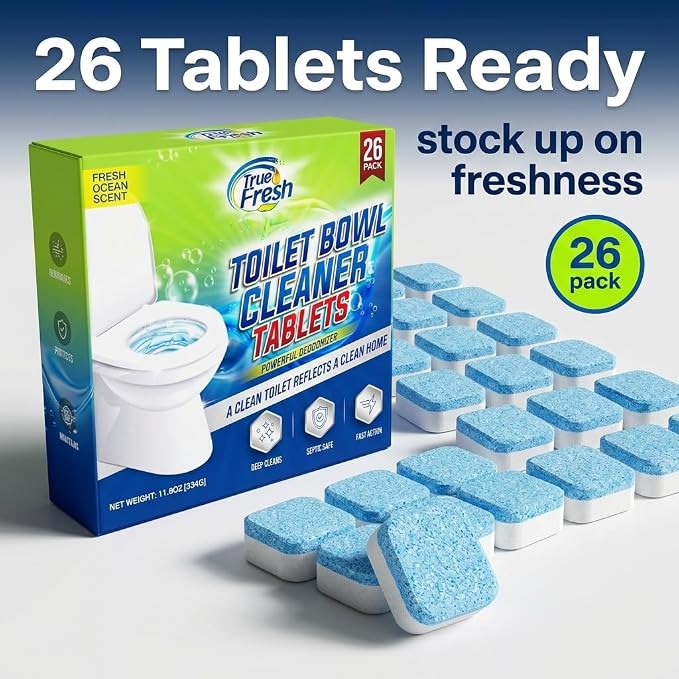 True Fresh Toilet Bowl Cleaner Tablets 26 Pack Deodorizer & Septic Safe Deep Cleaning, Odor Eliminator, Stain Remover for Long-Lasting Freshness Fresh Ocean Scent