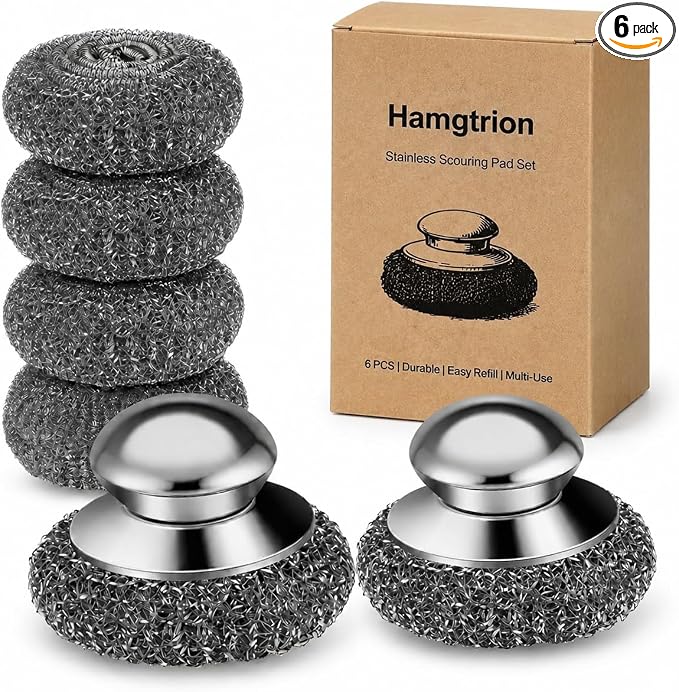 Steel Wool Scrubber, 6-Pack Stainless Steel Scrubber Pads with Handle - The Ultimate Scouring Solution for Rust, Stubborn Messes on Cookware, Grill, Oven & Kitchen Sinks