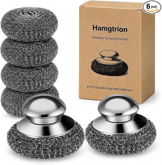 Steel Wool Scrubber, 6-Pack Stainless Steel Scrubber Pads with Handle - The Ultimate Scouring Solution for Rust, Stubborn Messes on Cookware, Grill, Oven & Kitchen Sinks