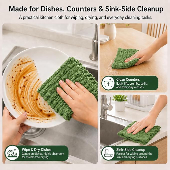 kimteny Microfiber Dish Cloths for Kitchen, 12 Pack 12 x 12 Inch Coral Velvet Kitchen Cleaning Cloths, Absorbent Reusable Non-Scratch Dish Rags for Dishes, Countertops & Sink