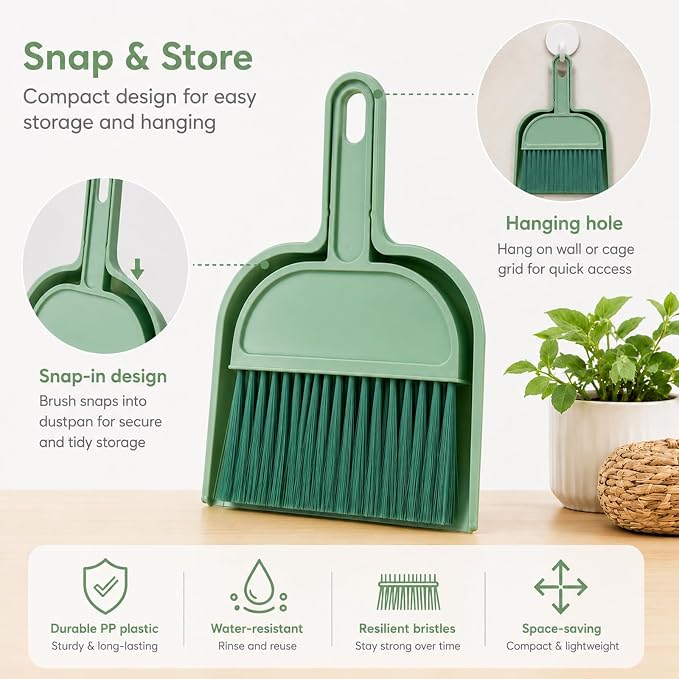 Rypet Mini Dustpan & Brush Set for Small Pet Cage Cleaning – Compact Handheld Broom for Guinea Pig, Rabbit, Hamster Bedding & Sticky Messes, Space-Saving, Deep-Corner Cage Cleaner Tool