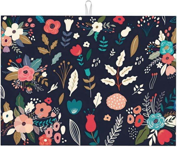 Colorful Flowers Black Dish Drying Mat For Kitchen Counter, Super Absorbent Microfiber Dish Drying Pad, Kitchen Gadgets For Easy Clean Multi-Use Large 18"x24"