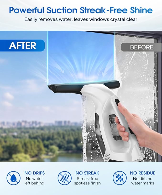 Window Vacuum Squeegee Cordless, 3-in-1 Electric Window Cleaner Tool with Spray & Microfiber Pad, Streak-Free 2200Pa Suction for Glass, Shower Doors, Mirrors, Tiles and Car Windows