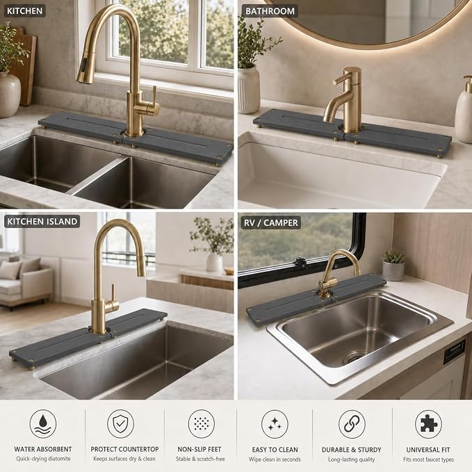 2PCS Stone Faucet Mat for Kitchen Sink, Water Absorbing Sink Tray Organizer for Bathroom Counter, Diatomite Soap Dish Coaster Caddy Riser, Sponge Holder Dispenser Mat, Dark Gray, 23.6" x 4", 1 Set
