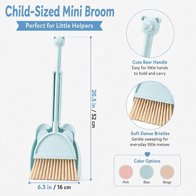 Kids Broom and Dustpan Set, Mini Toddler Broom for Pretend Play Cleaning, Child-Sized Little Housekeeping Helper Set, Blue