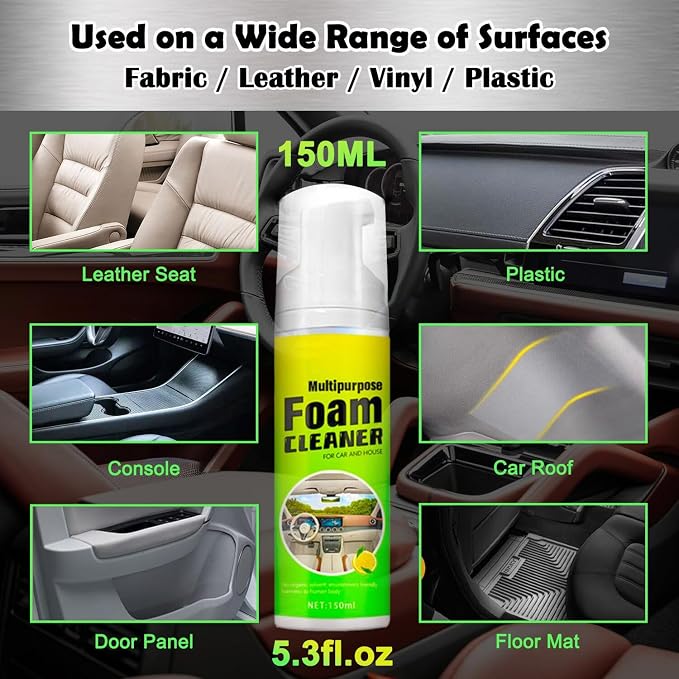 Car Interior Cleaner Foam - Car Dashboard, Seat, Carpet, Upholstery Cleaner, Auto Interior Detailing Spray Leather Vinyl Plastic Cleaner - Remove Stain & Grime & Grease - 150ml