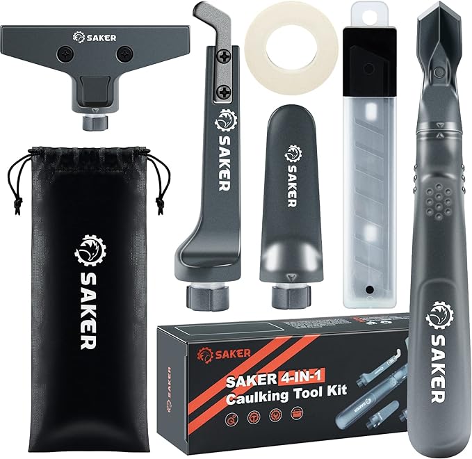 Saker Caulking Tool Kit-Aluminum 4 in 1 Sealant Finishing Tool Grout Remove Scraper Caulk Remover Glass Glue Angle Scraper for Bathroom,Kitchen,Floor,Window,Sink Joint,Frames Seal Silver