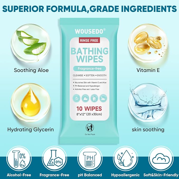 300 XL Shower Wipes, Body Wipes for Adults Bathing No Rinse | Hypoallergenic Unscented with Aloe & Vitamin E, Ideal for Camping, Travel, Gym & Bedridden Care, 30 Packs of 10