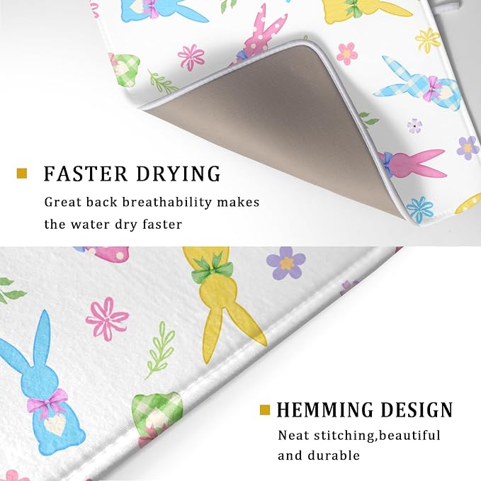 Easter Dish Drying Mat for Kitchen Counter Cute Bunny Floral Holiday Microfiber Absorbent Dish Draining Reusable Washable Foldable Extra Large 18"x24"