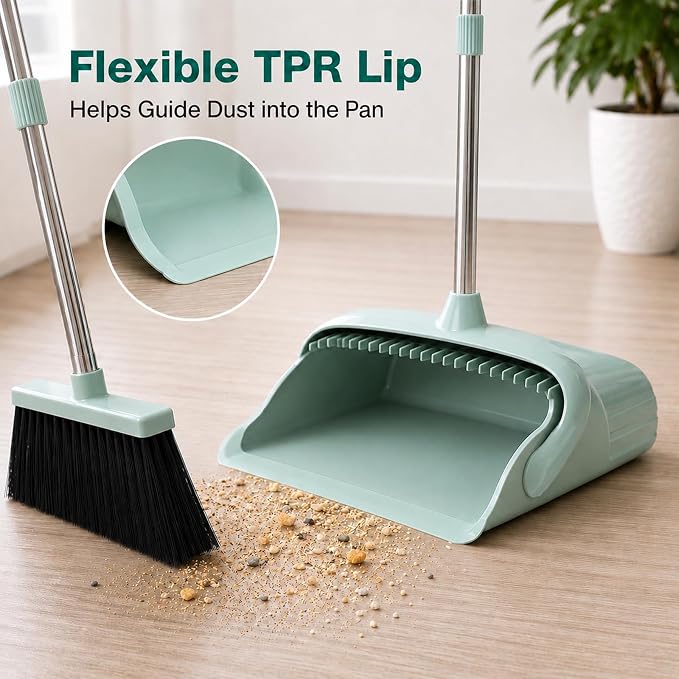 Broom and Dustpan Set, 52-Inch Long Handle, Comb Teeth, Green | Comb teeth help sweep pet hair, dust and crumbs on hard floors