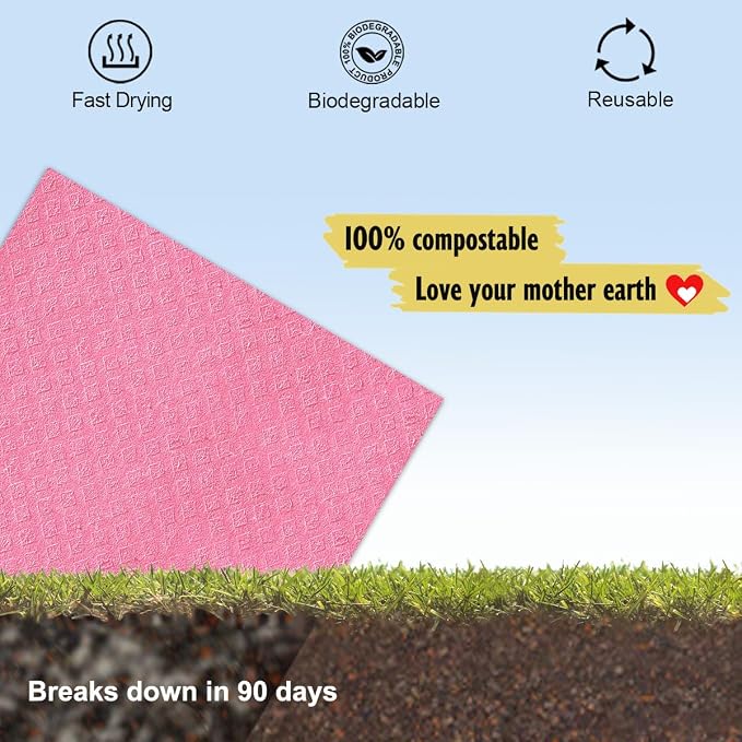 MoLKENE Swedish Dishcloths - 10 Pack Reusable Kitchen Dishcloths - Ultra Absorbent Dish Towels for Washing Dishes - Cellulose Sponge Cloth Cleaning Cloths - Pink