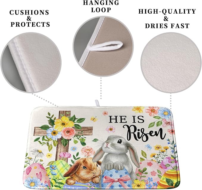 He is Risen Easter Dish Drying Mat for Kitchen Counter Bunny Floral Cross Dish Drainer Mats Spring Rabbit Flowers Egg Dish Drying Pads Absorbent Microfiber Reusable Dish Rack Mat 18x24 Inch