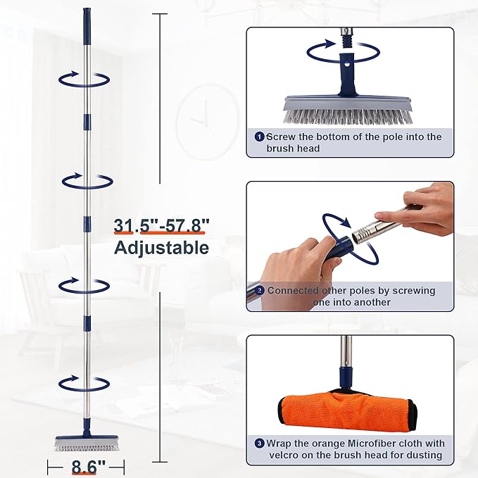 2 in 1 Floor Scrub Brush Grout Brush with 57.8" Long Handle,120°Rotatable Shower Tile Grout Scrubber,V-Shaped Corner Brush for Hard to Reach Areas (Grey)