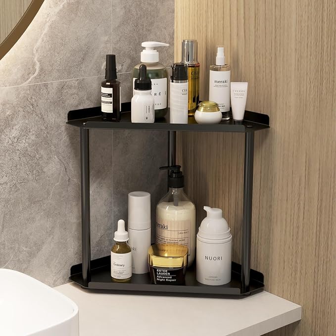 Jesginboo 2 Tier Bathroom Counter Organizer, Vanity Organizer Corner Shelf | Skincare, Makeup Countertop Organizers, Kitchen, Bathroom Counter Storage, Black