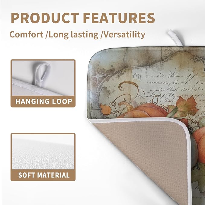 Fall Pumpkin Maple Leaf Dish Drying Mat for Kitchen Counter 16x18 Inch Vintage Autumn Leaves Thanksgiving Drying Mat Seasonal Ultra Absorbent Dish Drainer Rack Mats for Coffee Bar Kitchen