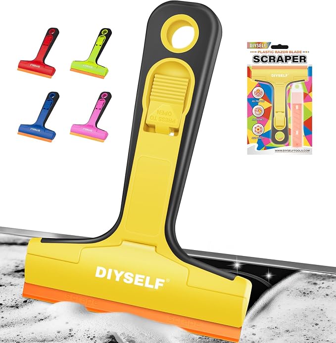 DIYSELF Plastic Glass Scraper Tool with 5 Pcs 4-Inch Blades for Cooktops | Plastic Razor Blade Scraper, Decal Remover for Glass, Labels, Adhesive, Cooktops & Tile, Home Cleaning, DIY Users, Yellow