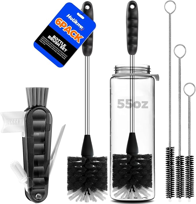 Holikme 6 Pack Bottle Brush Set, 14" Long Handle Stainless Steel Bottle Cleaner Brush, 3 Straw Brushes, Bottle Cleaning Brush for Water Bottle, Baby Bottle Straws, Black
