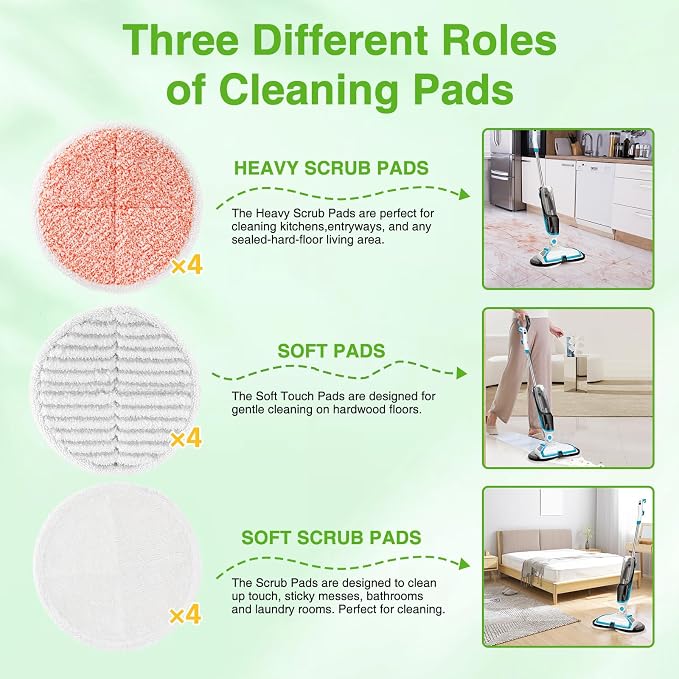 12 Pack Mop Pads Replacement Compatible with Bissell Spinwave 2124, 2039A, 2307, 23157, 23159, 20393, 20399 Hard Floor Spin Mop, 4 Soft Pads, 4 Scrubby Pads, 4 Heavy Scrub Pads