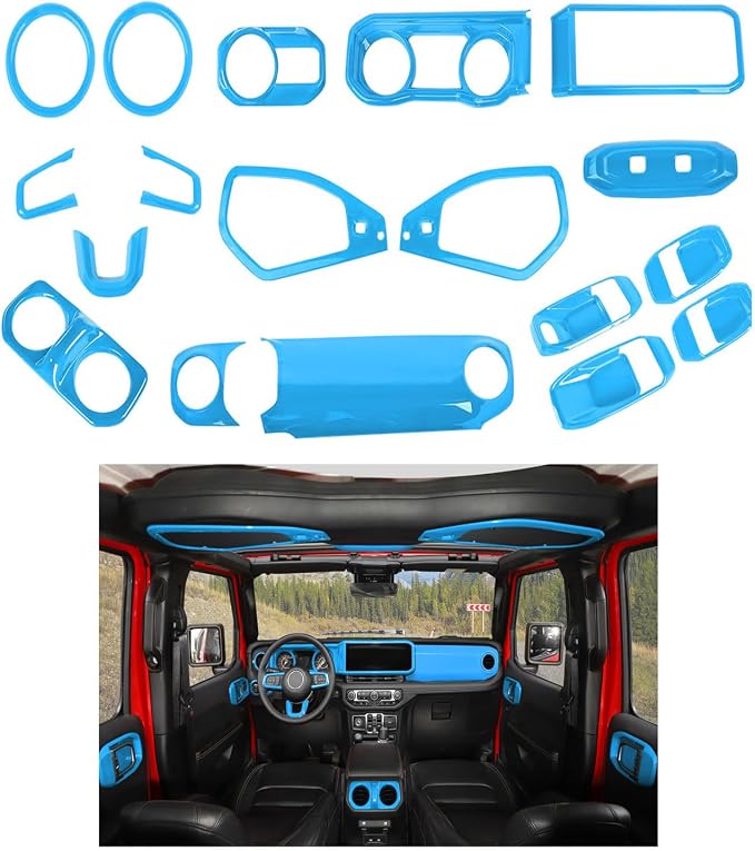 21PCS Full Set Interior Trim Kit for 2024-2026+ Jeep Wrangler JL JLU & Jeep Gladiator JT, Dashboard Side Outlet Door Handle Bowl Headlight Switch Roof Reading Light Cover (Light Blue)