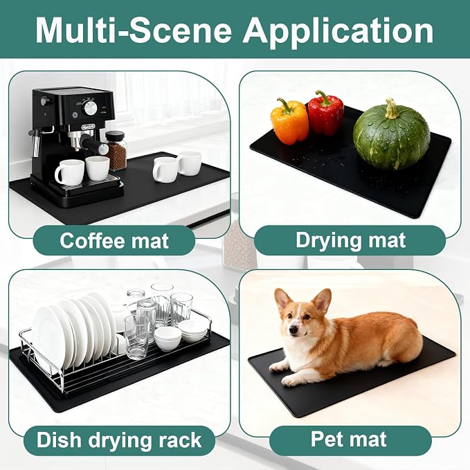 Silicone Coffee Mat, 24"X16" Heat-Resistant,Eco-friendly,Hygienic Drying Pad,Leak-Proof and Non-Slip,Removable Silicone Mat with Concave and Convex Design,（Black 24X16）