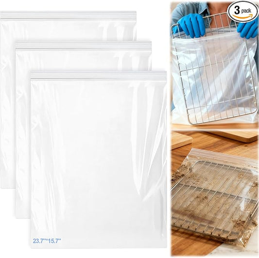 Palksky Oven Rack Cleaning Bags, 15.7 x 23.7 in Heavy Duty No Scrub Bags for Use with Oven Cleaner, Reusable Leak-Resistant PE Bags for Grill Grates & BBQ Racks, No Cleaner Included, 3 Pack