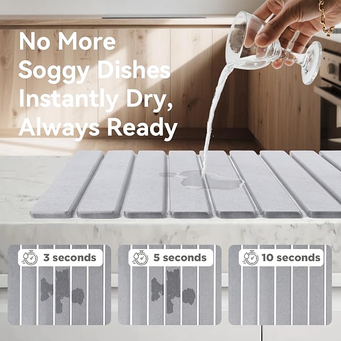 Stone Drying Mat for Kitchen Counter, 24"(L)×16"(W), Drying Matt Kitchen Counter, Quick Dry Stone Dishes Mats, Foldable Diatomaceous Earth Mat (Dove Gray)