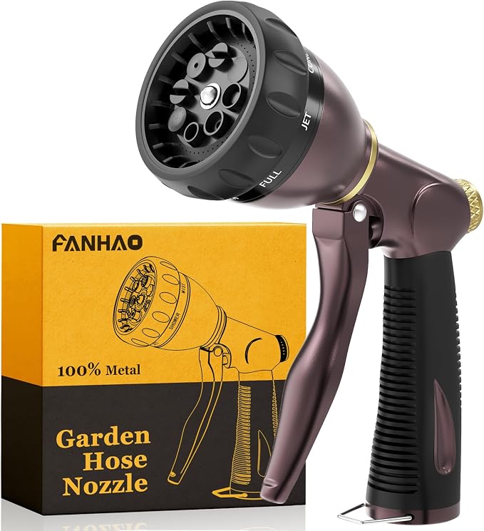FANHAO Metal Water Hose Nozzle Heavy Duty, 8 Spray Patterns, High Pressure | Comfortable Non-Slip Handle, Hands-Free Lock, Rustproof Leak Proof Hose Sprayer Nozzle for Watering Plant, Car & Pet Washing