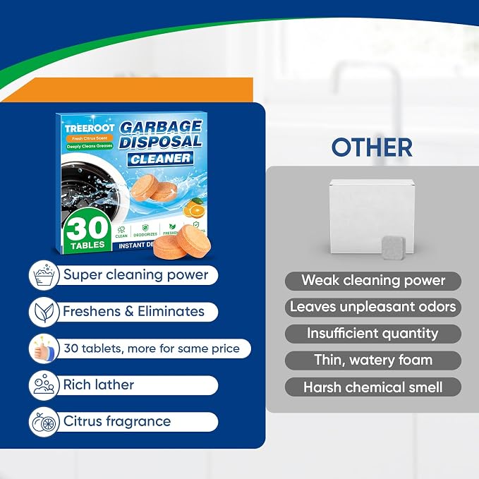 Treeroot 30 Pack Garbage Disposal Cleaner Deodorizer Tablets | Upgraded XL Foaming Citrus Garbage Disposal Cleaner Tablets, Kitchen Sink & Drain Cleaner, 15-Month Supply