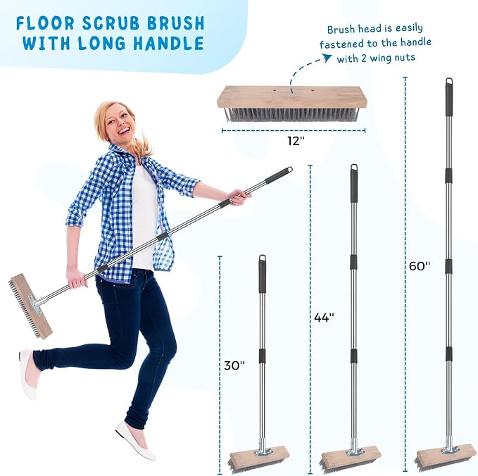 Deck Brush with Long Handle, Scrub Brush for Shower, Stainless Steel Wire Scrub Brush with Long Handle for Deck, Concrete, Patio Floor Cleaning