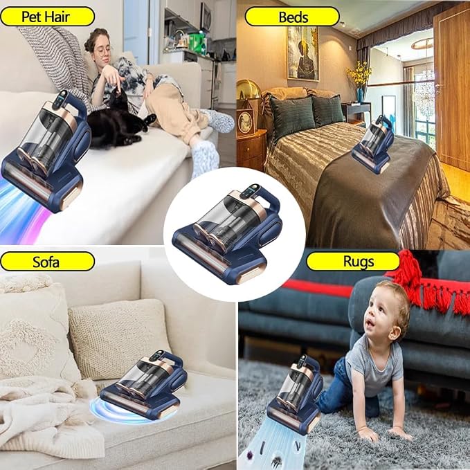 Mattress Vacuum Cleaner, 18Kpa Bed Vacuum Cleaner with 253.7nm UV-C Light & Heating & Ultrasonic Quintuple Tech & 80000 RPM/Min Brushroll Rotation, Widened Suction Port, 500W, Cordless (Blue)