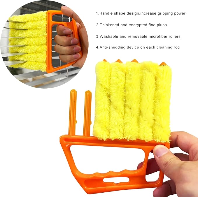 2 PCS Blind Cleaner Duster Tool, 7 Finger Handheld Duster Window Shutters Dusting Cleaner Brush, Washable Mini Blinds Dust Cleaning Tools for Car Air Conditioner Vent (Orange+Yellow)