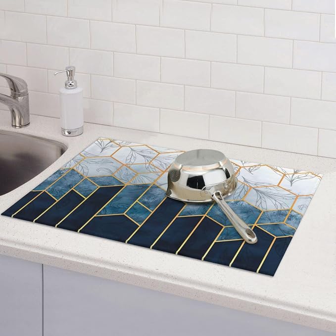 Blue Marble Texture Leaves Dish Drying Mat 18x24 For Kitchen Counter Absorbent Microfiber Dishes Pad Dish Drainer Rack Mats Fast Dry Kitchen Accessories