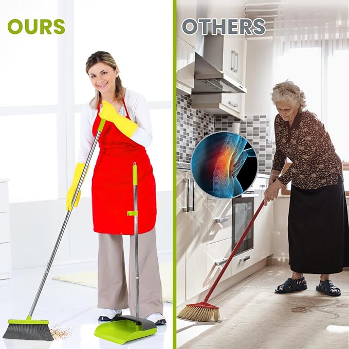 Broom and Standing Dustpan Set 50” Angle Broom with Long Handle Dust Pans for Kitchen Classroom Office Floor Sweeping-Green