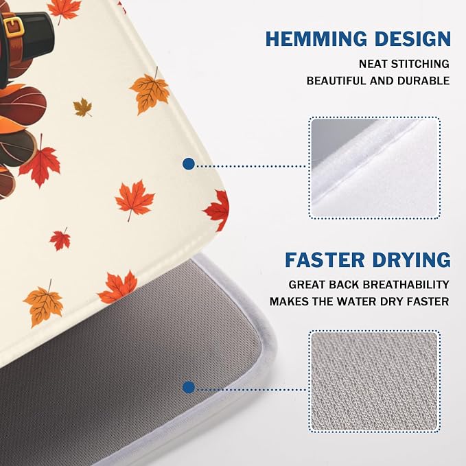 Thanksgiving Dish Drying Mat for Kitchen Counter Autumn Harvest Turkey Pumpkin Maple Leaves Microfiber Dish Drainer Mat Rustic Fall Holiday Absorbent Washable Drying Pad 18"x24"
