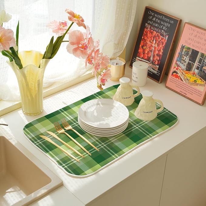 St. Patrick's Day Dish Drying Mat 18 x 24 Inch Green Buffalo Plaid Drying Mat for Kitchen Counter Absorbent Spring Green Dishes Dry Pad for Drainer Rack Kitchen Fast Dry